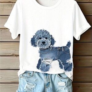 Tshirt Cute Dog & Denim print White T-shirt Size M